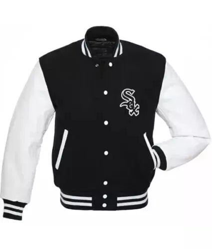Chicago White Sox Letterman Varsity Jacket Black & White-Genuine Leather Sleeves - MLB