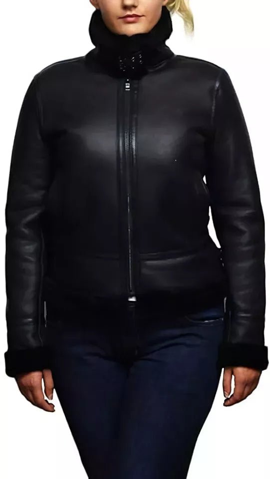 Women's Black Aviator Shearling Bomber Fur Sheepskin Black Leather Jacket