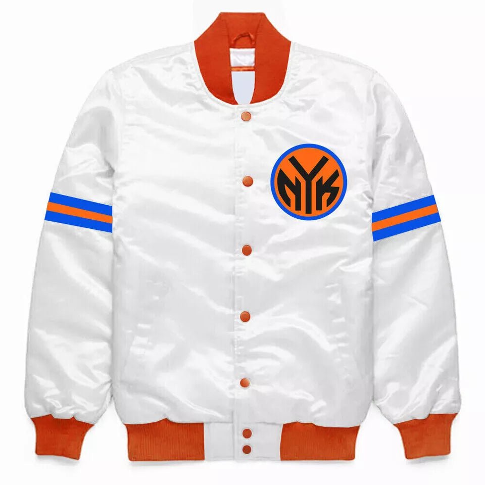 New York Knicks White Satin College Bomber Varsity Jacket - NBA