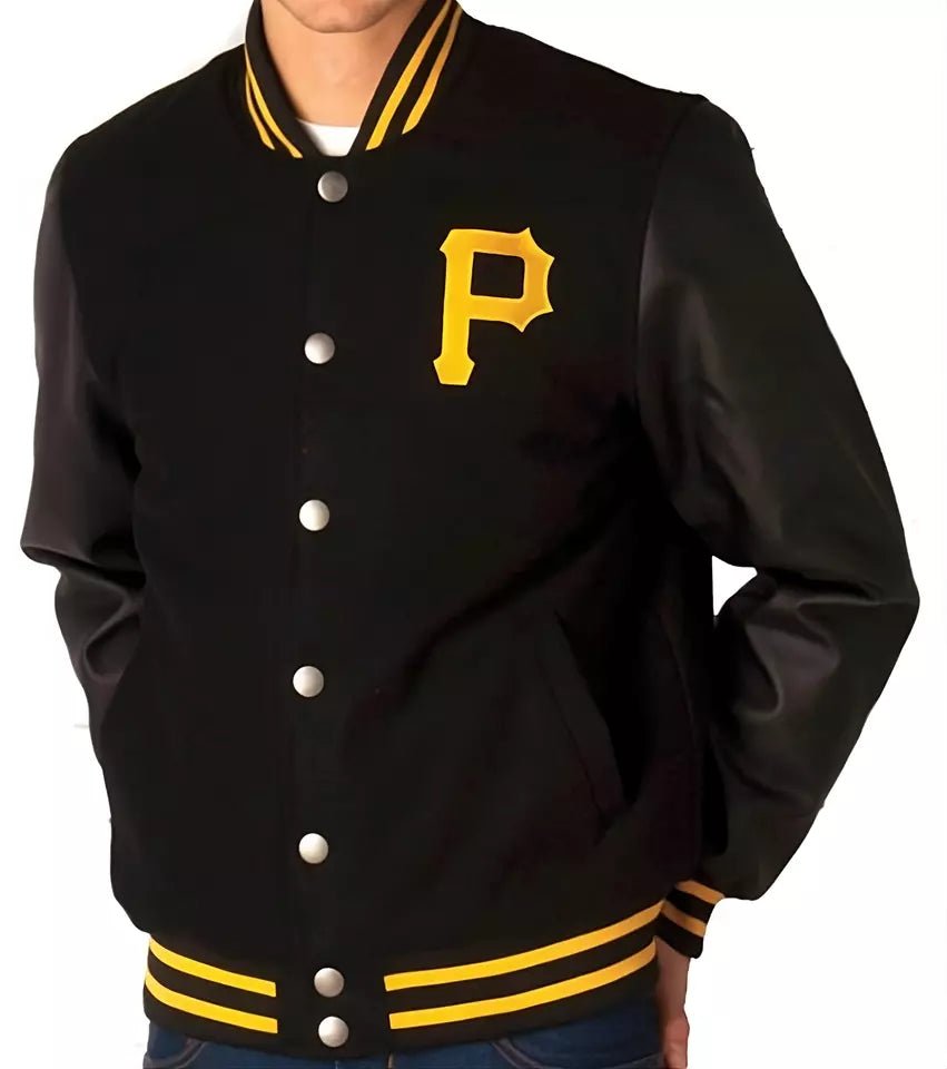Men Pittsburgh Pirates Black Letterman Varsity Jacket with Real Leather Sleeves - MLB