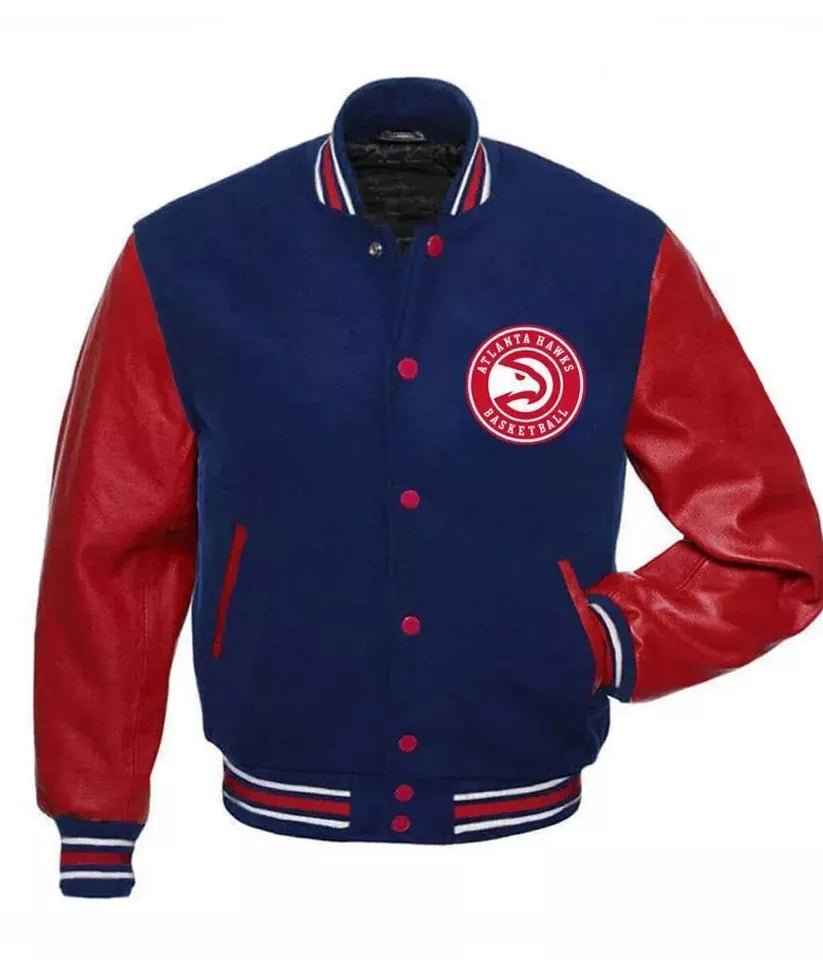 Atlanta Hawks Blue and Red Varsity Jacket With Genuine Leather Sleeves red and blue - NBA