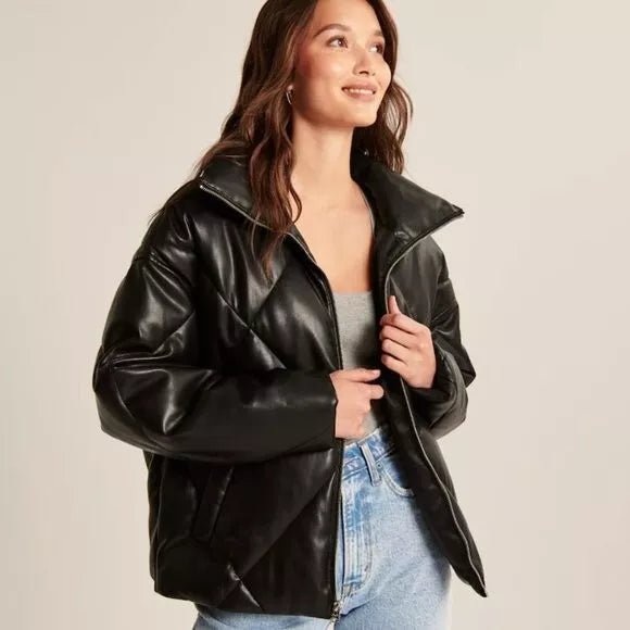 Women  Leather Diamond Quilted Puffer Jacket - Black