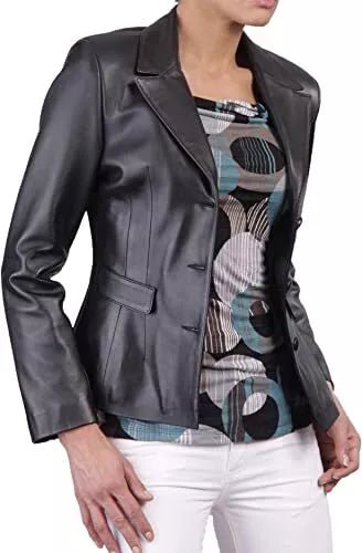 Leather Blazer Coat Jacket Women Lambskin Ladies Trench Biker Kim Fit Black