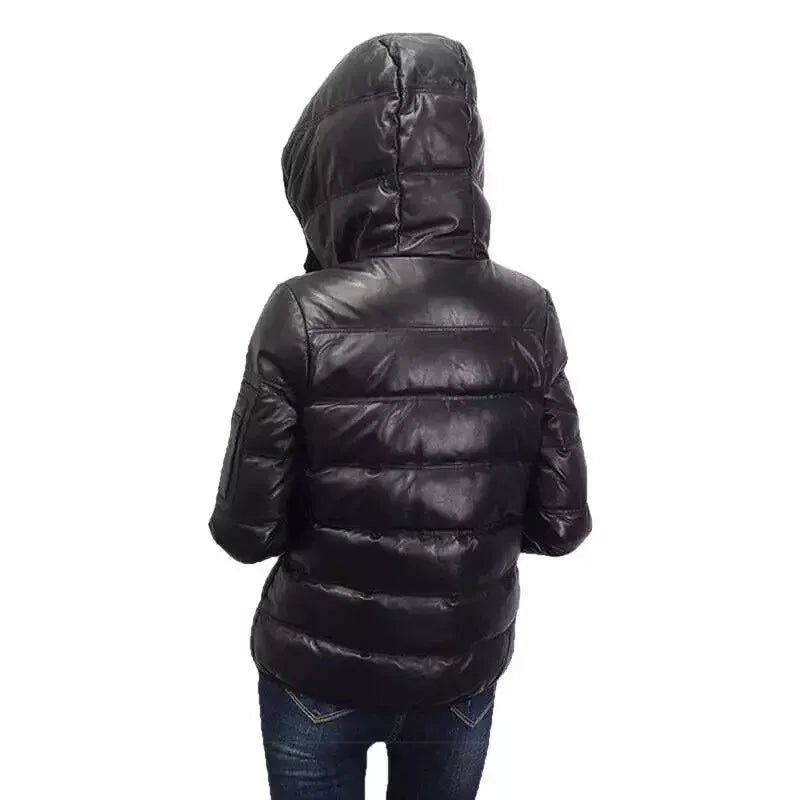 NEW Black Genuine Hooded Womens Leather Puffer Jacket - Image 2