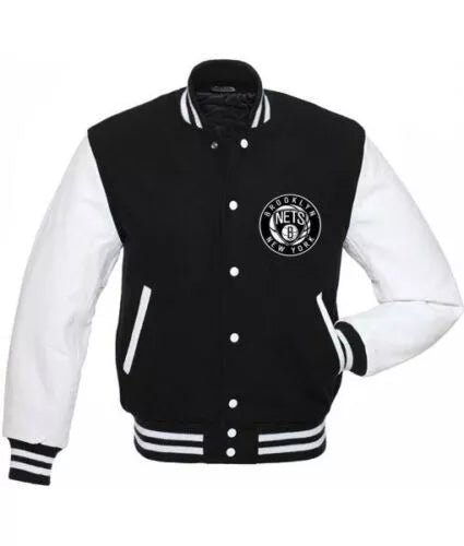 Letterman Brooklyn Nets NBA Varsity Jacket Black and White