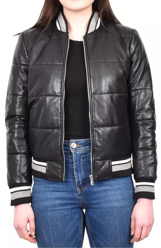 Women Puffer Jacket Ladies Genuine Leather Bomber Black - Image 3