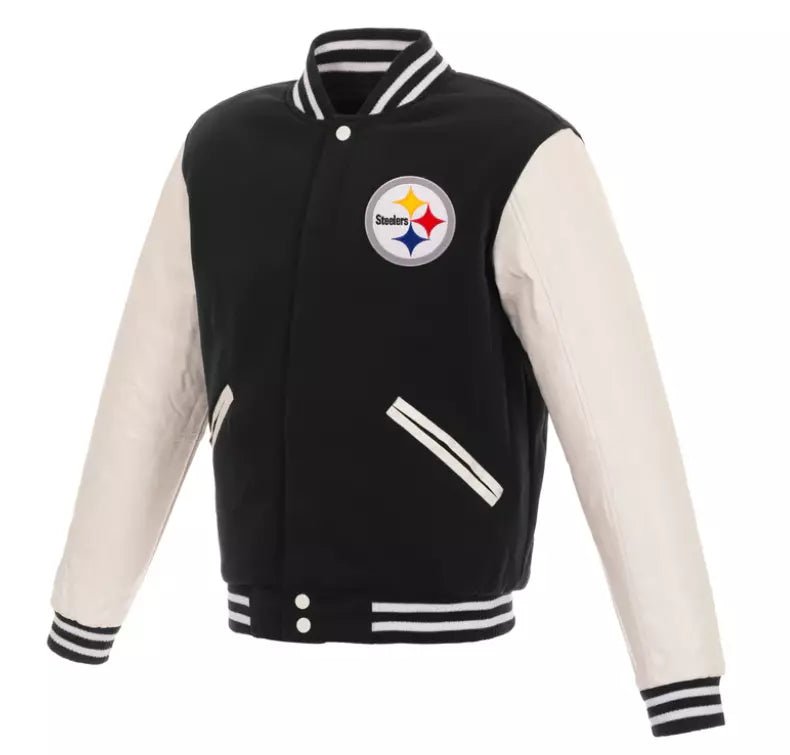 Letterman Pittsburgh Steelers Varsity Jacket Wool with Real Leather Sleeves -NFL black and white