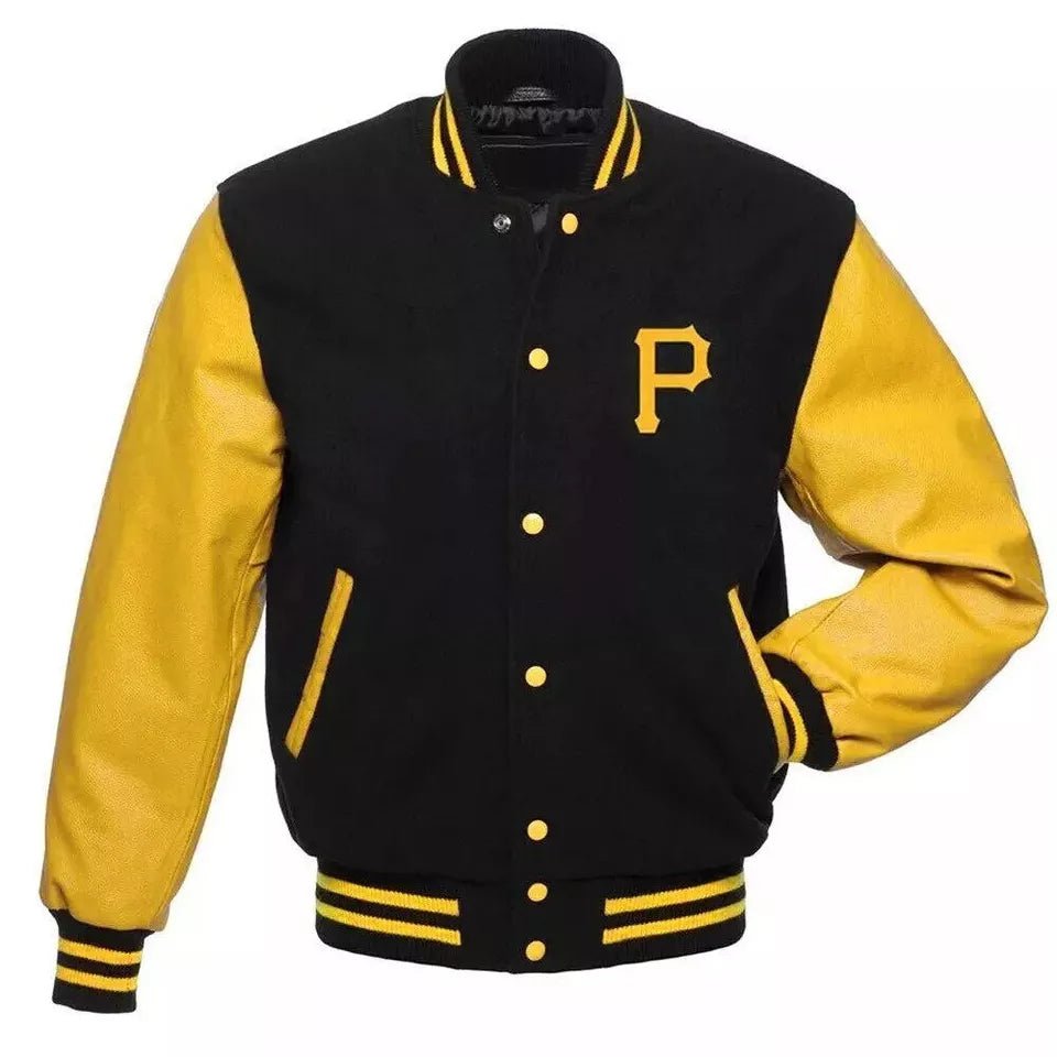 Men Pittsburgh pirates Varsity Jacket Wool & Genuine Leather Sleeves yellow and black - MLB