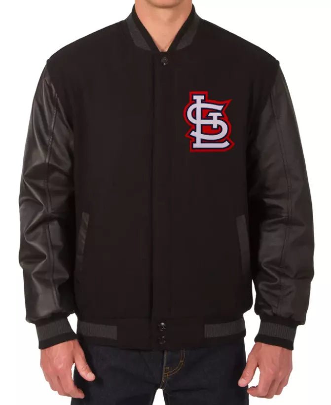 Men Letterman St Louis Cardinals Varsity Jacket Black Wool With Leather Sleeves - MLB