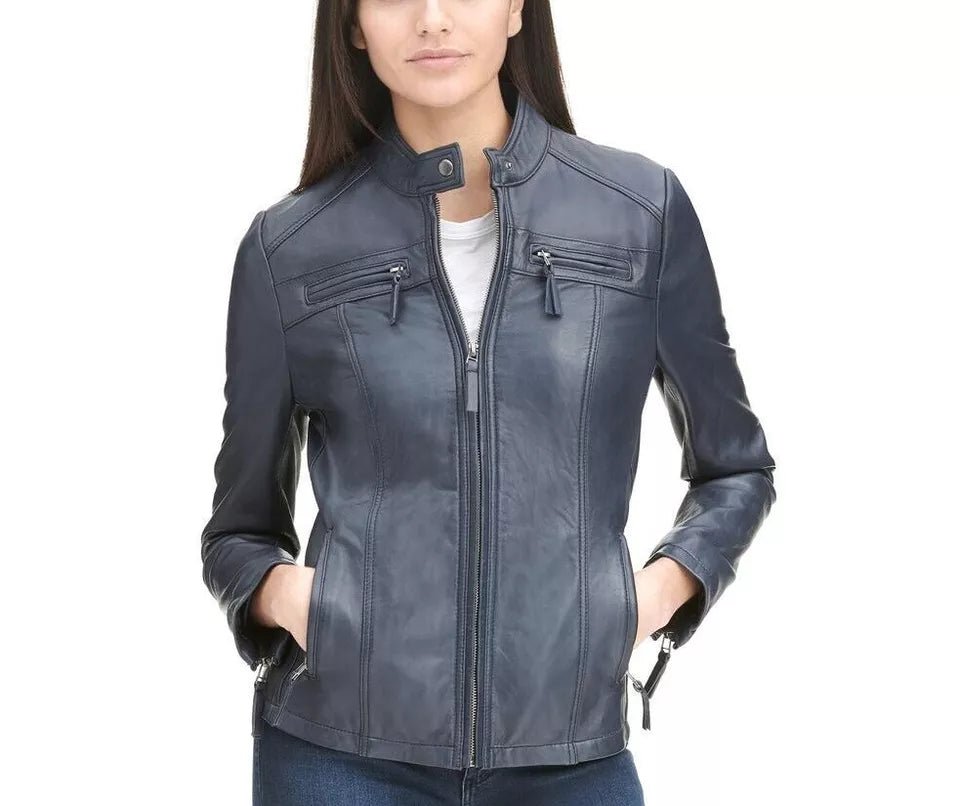 Leather Jacket Women Biker Motorcycle Women Soft Fit Size Real Blue