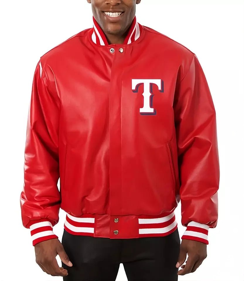 Men Letterman Texas Rangers Varsity Jacket Red Genuine Leather - MLB
