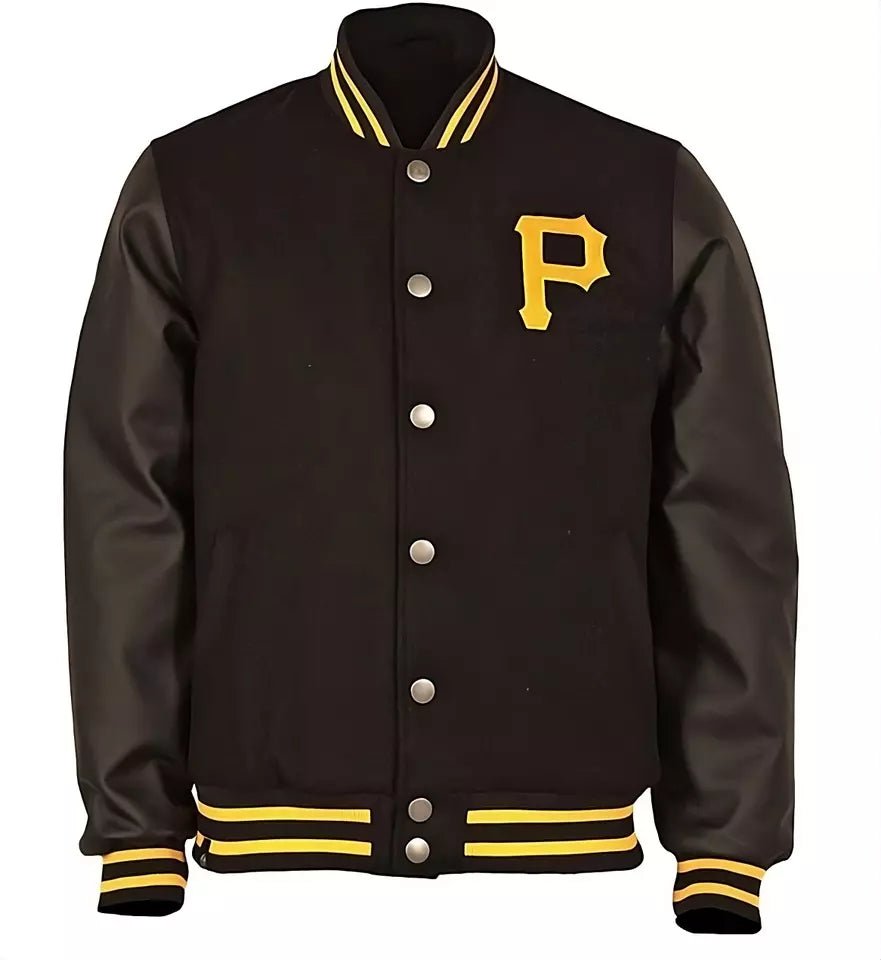 Pittsburgh Pirates Letterman Black Varsity Jacket with Real Leather Sleeves - MLB