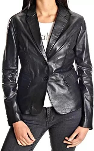 Black Leather Blazer Coat Jacket Women Lambskin Ladies Trench Biker