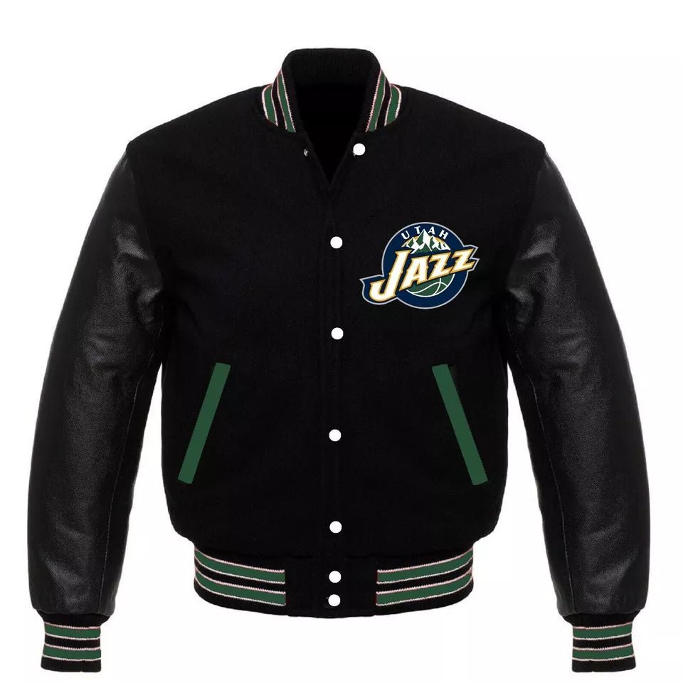Men Letterman Utah Jazz Black Wool and Leather Varsity Jacket - NBA