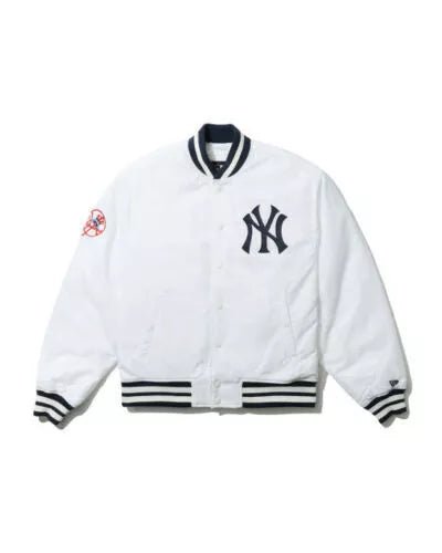 Men Letterman New Era NY Yankees White Satin Varsity Jacket - MLB
