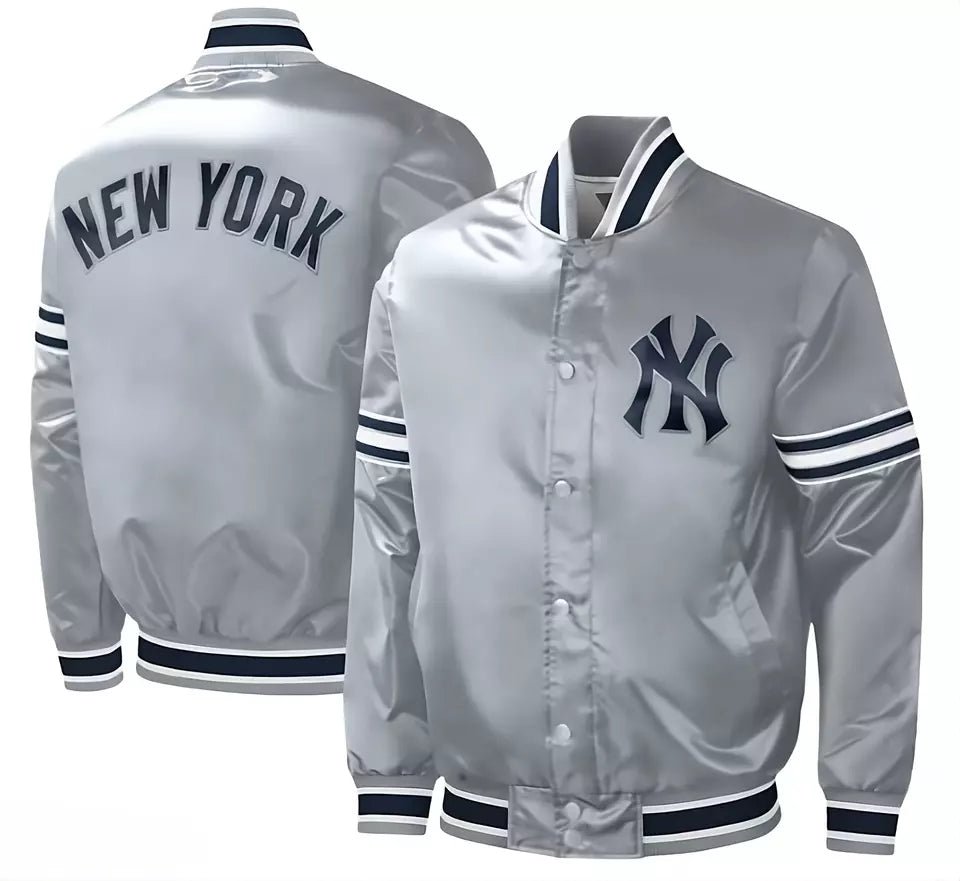 Men Gray New York Yankees Slider Satin Full-Snap Varsity Jacket - MLB - Image 3