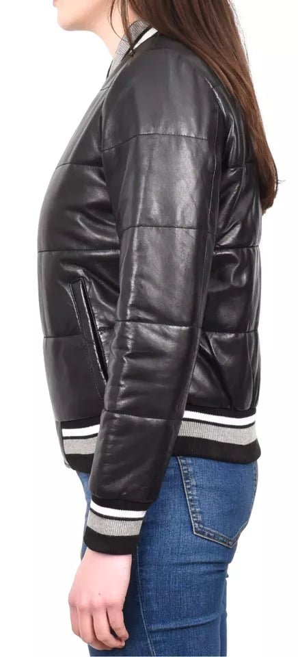 Women Puffer Jacket Ladies Genuine Leather Bomber Black - Image 5