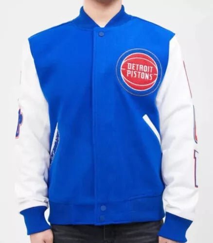 Men Letterman Detroit Pistons Blue and White Varsity Jacket - NBA