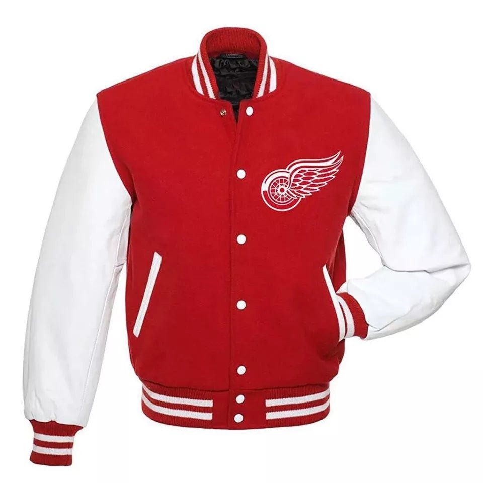 Detroit Red Wings Letterman Varsity jacket wool & genuine leather sleeves red and white