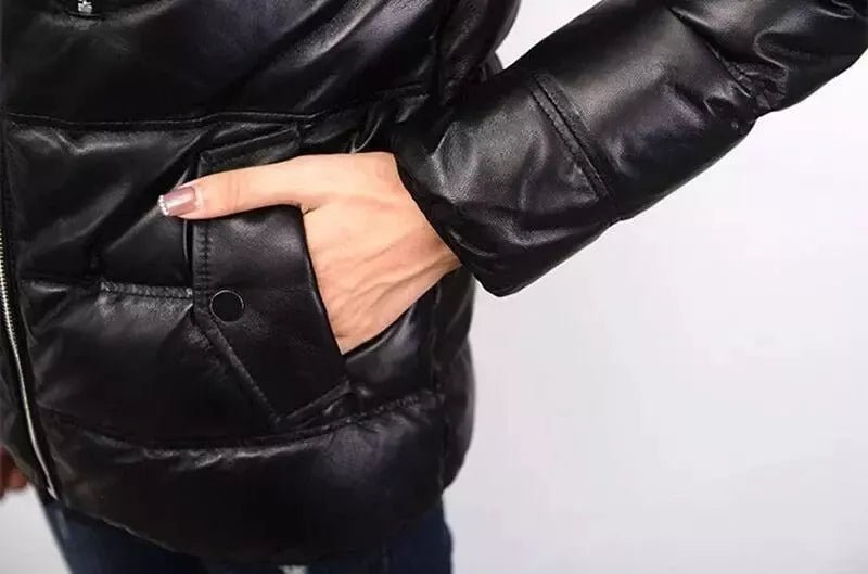 NEW Black Genuine Hooded Womens Leather Puffer Jacket - Image 4