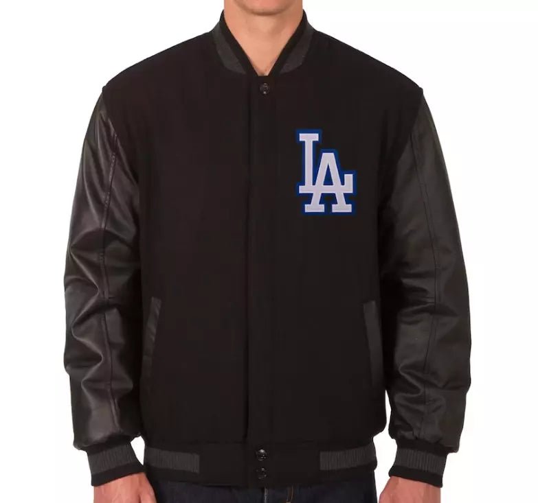 Men Los Angeles Dodgers Classic Letterman Black Varsity Jacket with Leather Sleeves - MLB