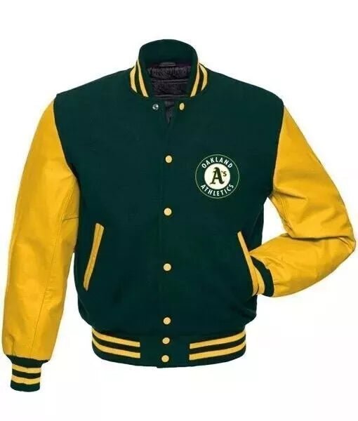 Oakland Athletics Green & Yellow Varsity Jacket With Leather Sleeves - MLB