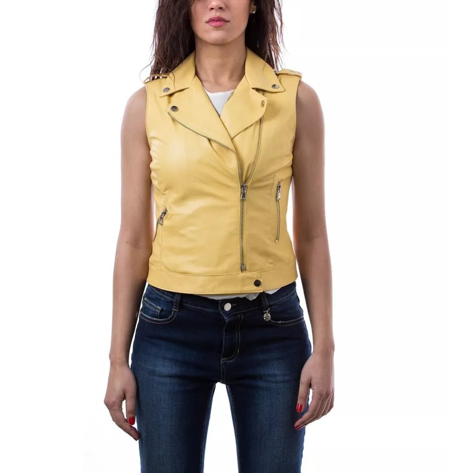 Vest Leather Jacket Women Genuine  Coat Biker Sheepskin Fashion  Yellow