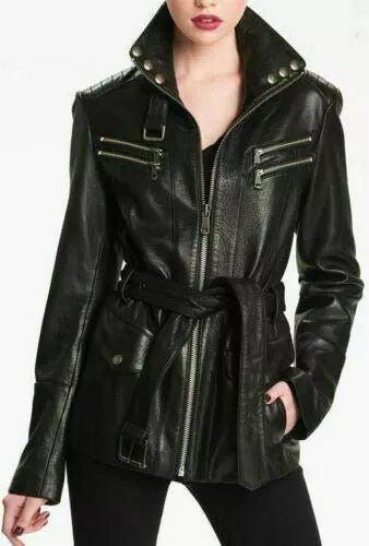 Classy Style Women Genuine Lambskin Leather Trench Coat Stylish Overcoat Jacket