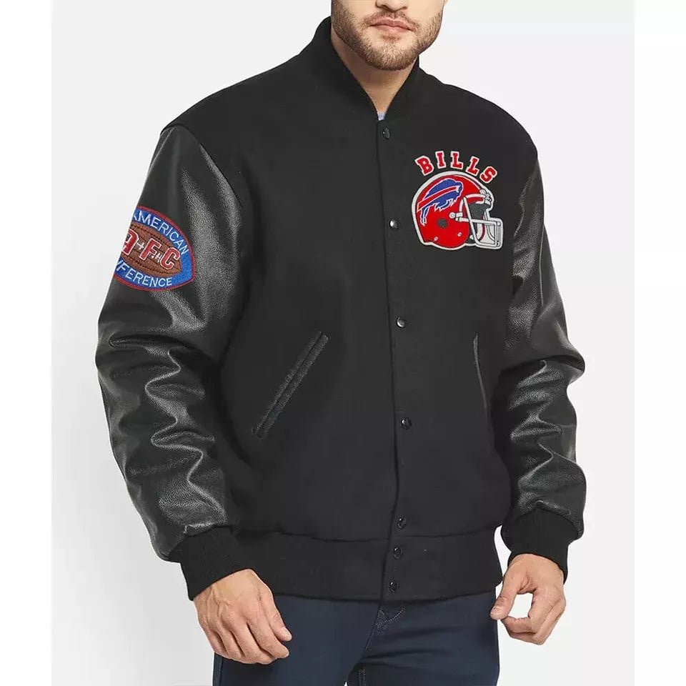 90’s Style Buffalo Bills Letterman Varsity Jacket with Leather Sleeves