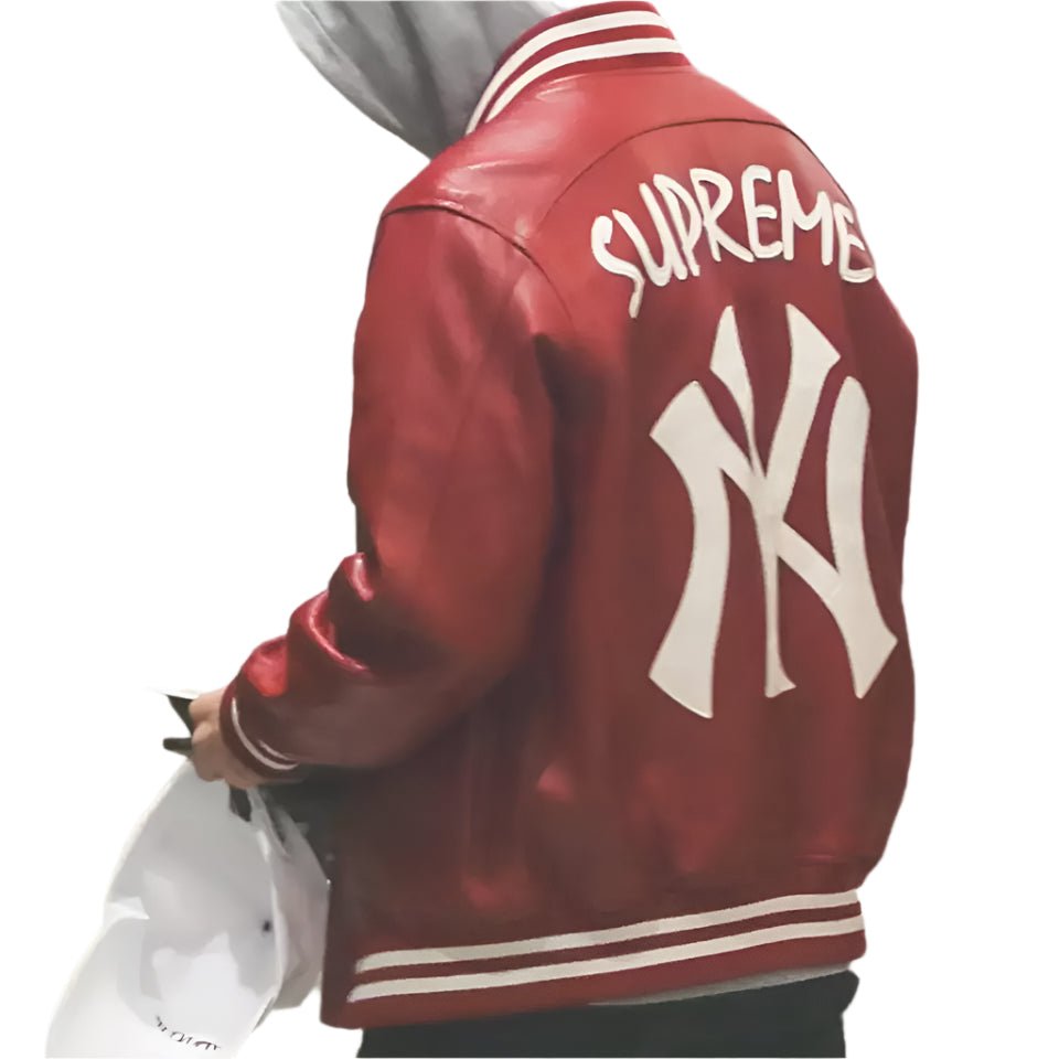 Men NY Yankees Red Letterman Varsity Leather Jacket - MLB