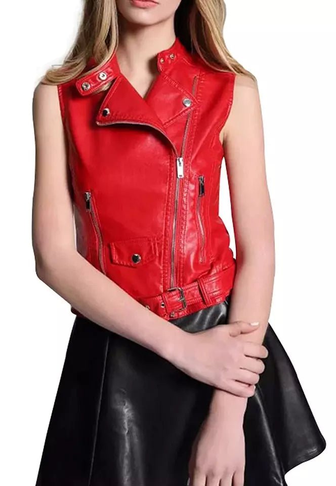 Women Genuine Leather Vest Biker Sheepskin Fashion Red