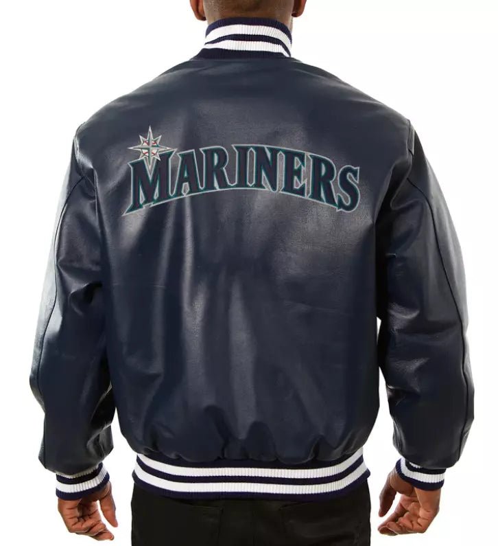 Men Letterman Seattle Mariners Varsity Jacket Navy Blue Genuine Sheep Leather - MLB - Image 2
