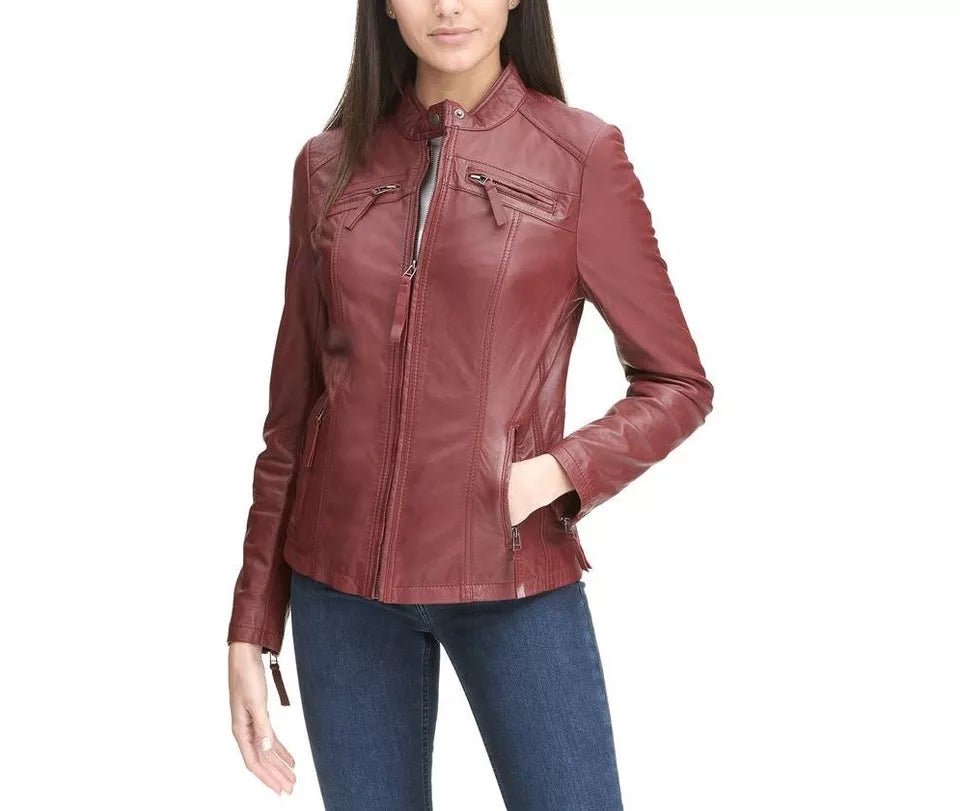 Leather Jacket Women Biker Motorcycle Women Soft  Fit Size Real Red