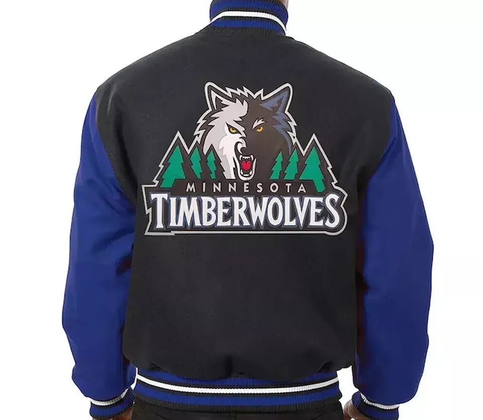 NBA Minnesota Timberwolves Black and Royal Blue-All Wool Varsity Jacket - Image 2