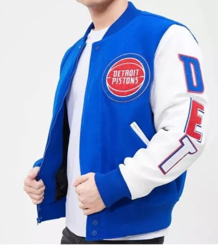 Men Letterman Detroit Pistons Blue and White Varsity Jacket - NBA - Image 4