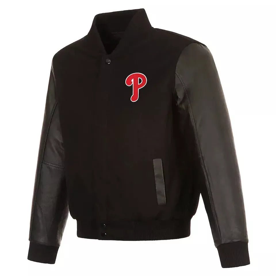 Philadelphia Phillies Black Varsity Jacket With Genuine Leather Sleeves - MLB