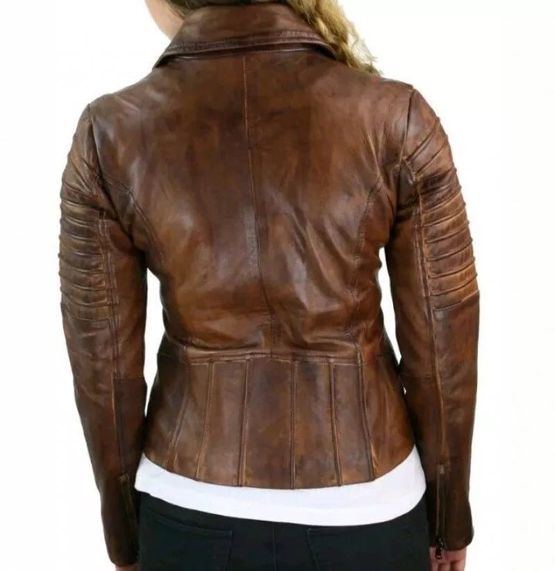 Women Cafe Racer Distressed Brown Slim Fit Moto Biker Leather Jacket - Image 2