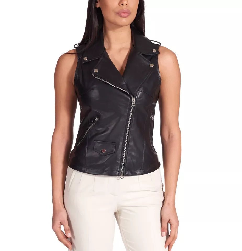 Vest Leather Jacket Women Genuine  Coat Biker Sheepskin Fashion  Black