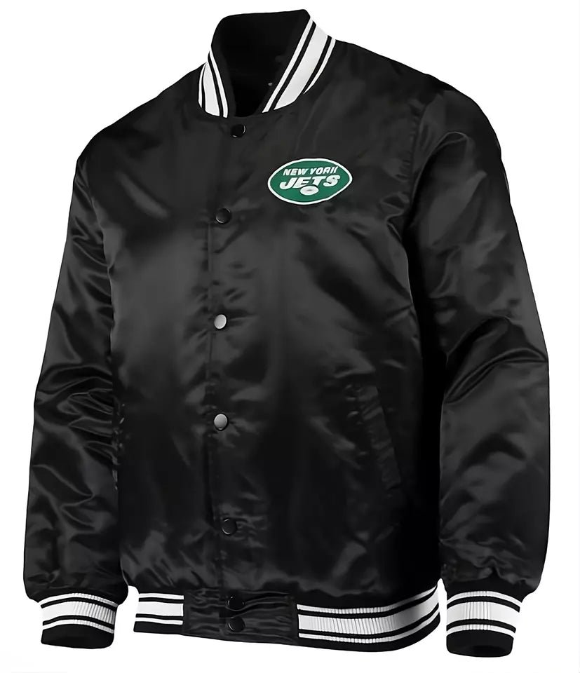 New York Jets Black Satin Varsity Jacket full-snap With Embroidery logos - NFL