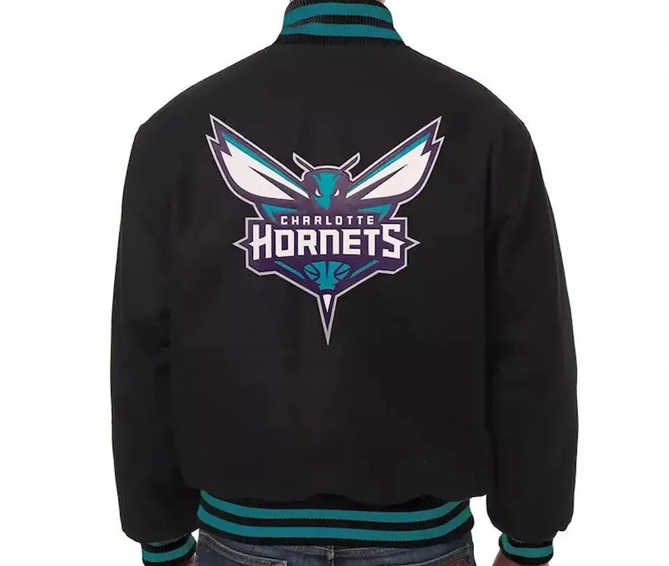 Men Charlotte Hornets Lettermen Black All Wool Varsity Jacket - NBA - Image 2