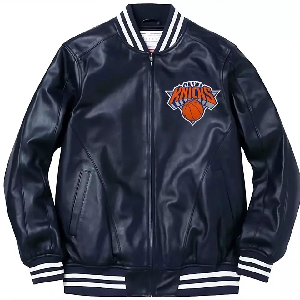 Men Letterman New York Knicks Black & Red Genuine Sheep Leather Varsity Jacket - NBA
