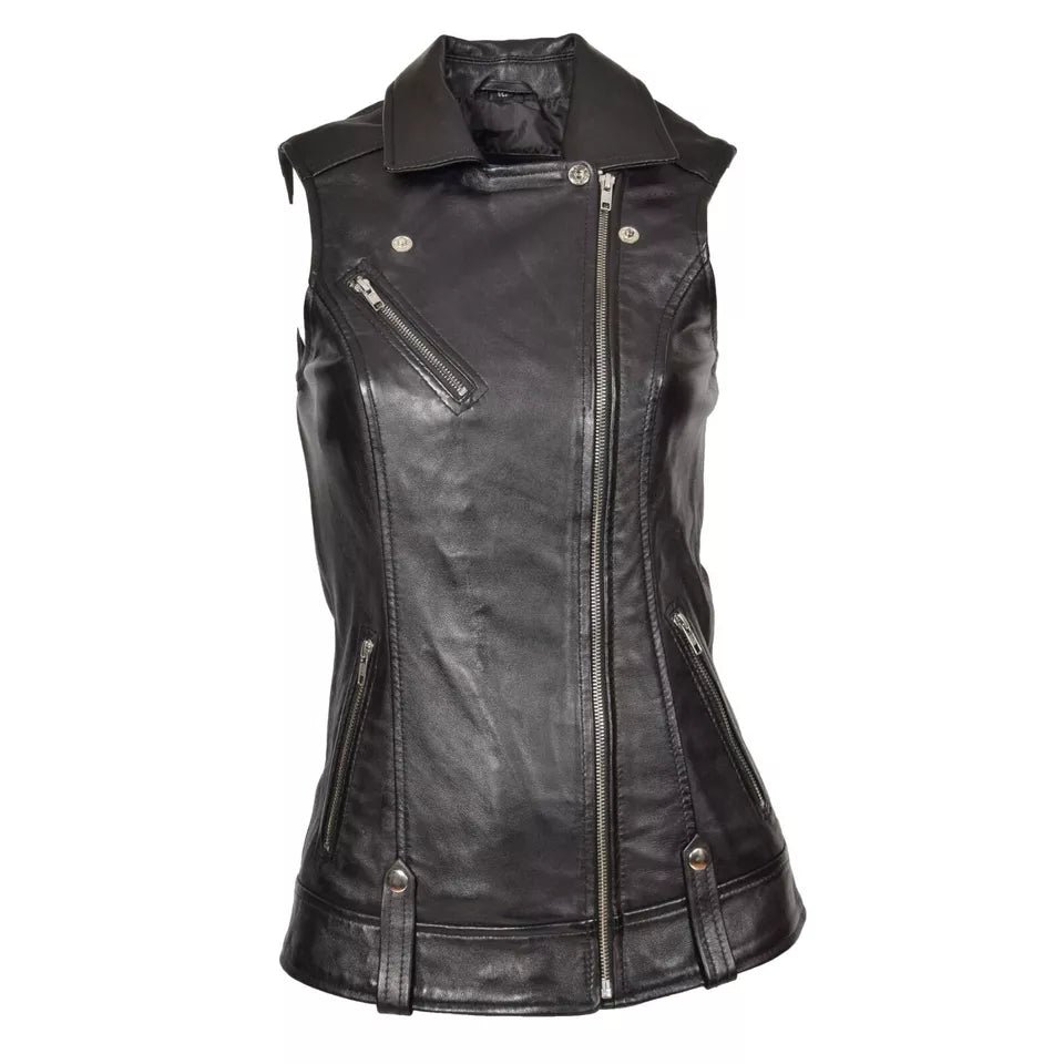 Leather Vest Women Jacket Motorcycle Size Biker Club Womens Gun Pockets Black