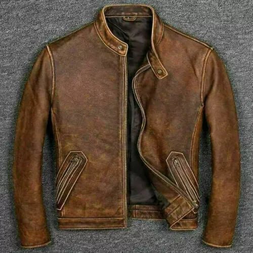 Men’s Motorcycle Biker Vintage Cafe Racer Distressed Brown Real Leather Jacket