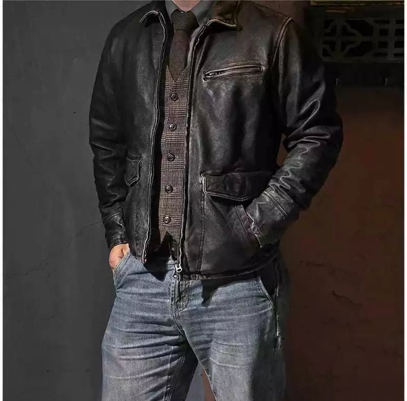 Men’s Motorcycle Biker Vintage Cafe Racer Distressed Black Real Leather Jacket black