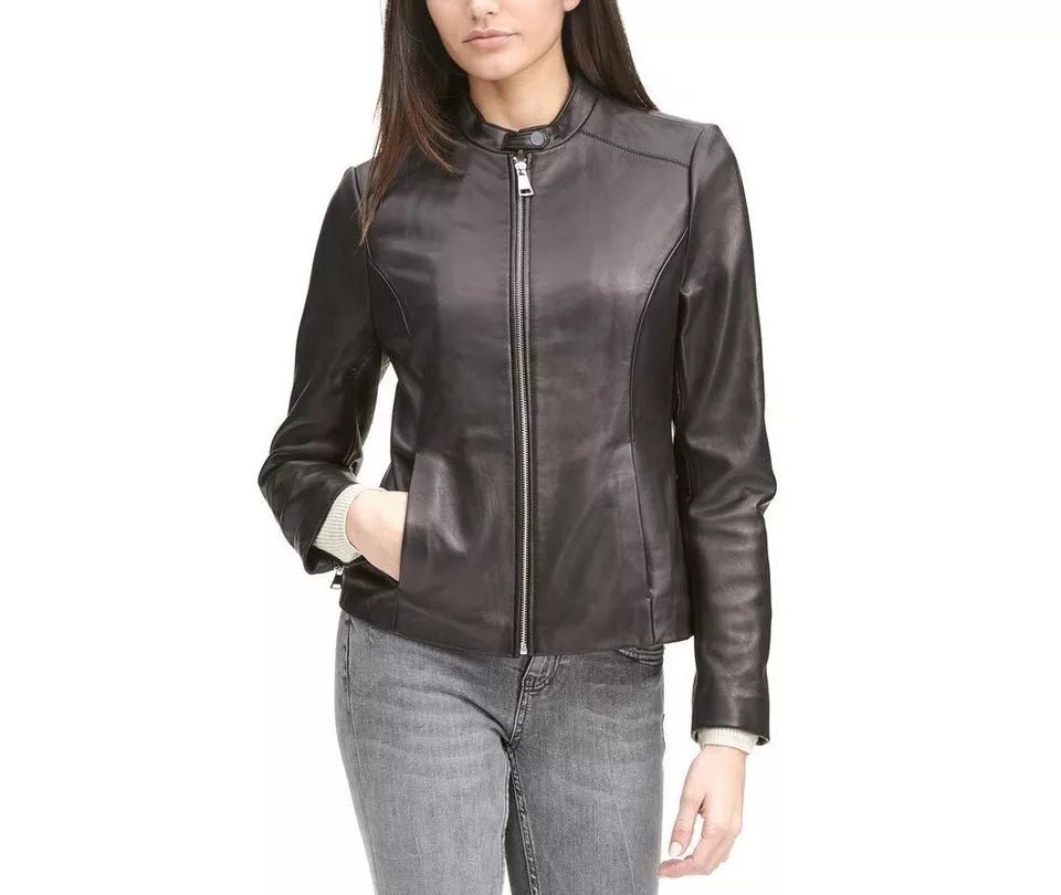 Leather Jacket Women Biker Motorcycle Women Soft Fit Size Real Black