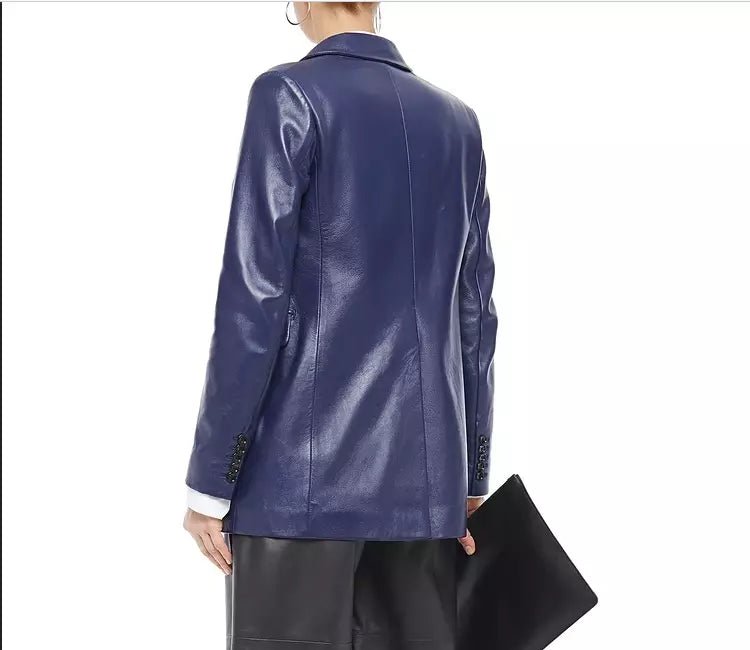 Leather Blazer Coat Jacket Women Lambskin Ladies Trench Biker Kim Fit Blue - Image 2