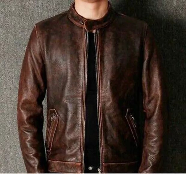 Men's Biker Cafe Racer Vintage Motorcycle Distressed Brown Leather Jacket