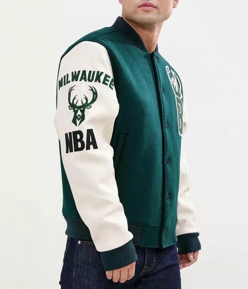 Men Letterman Milwaukee Bucks Green and White PRO Standard Varsity Jacket - NBA - Image 3
