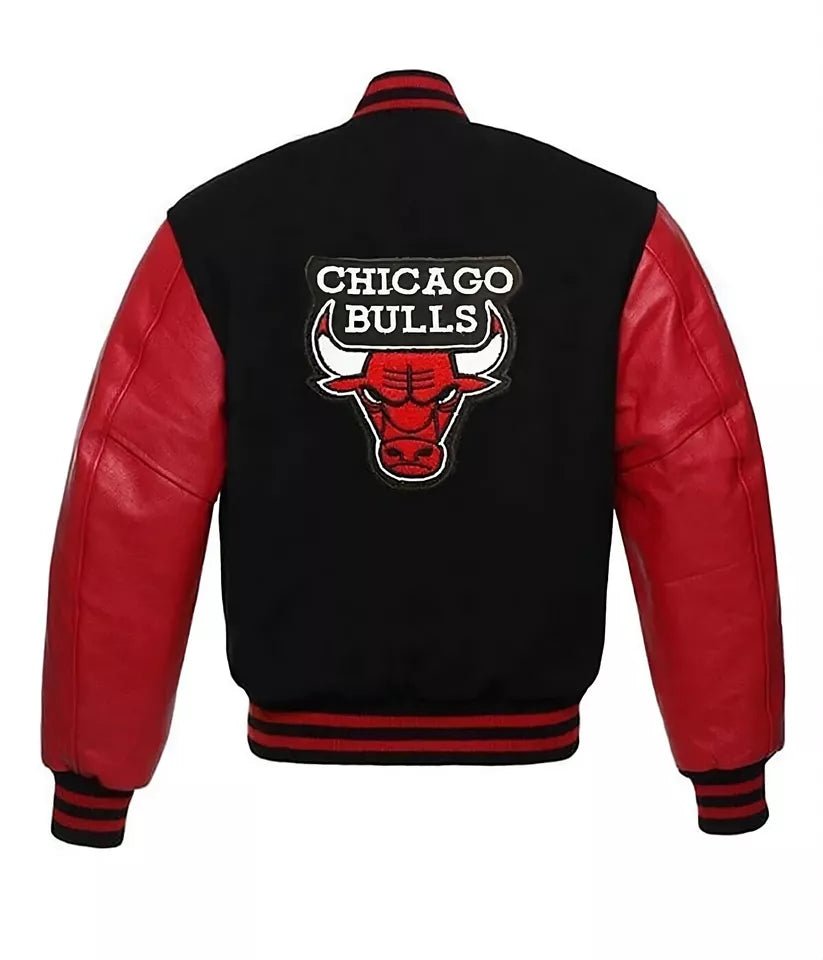 Men Chicago Bulls Letterman Varsity Jacket with Genuine Leather Sleeves - Red and Black - NBA - Image 2