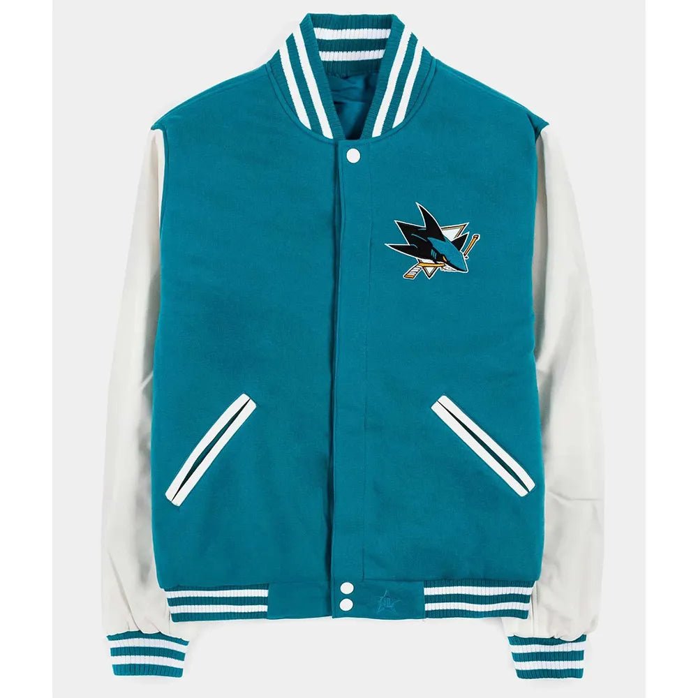 San Jose Sharks Varsity Jacket – Teal Wool & White Leather Sleeves